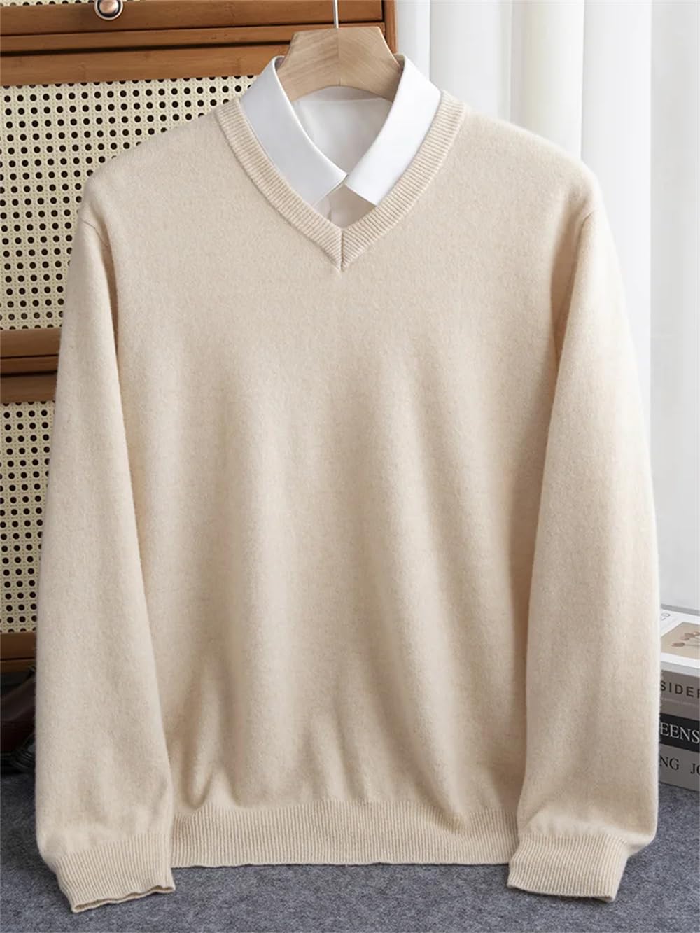 Adhdyuud Maglione invernale da uomo in lana merino con scollo a V a maniche lunghe in cashmere spesso