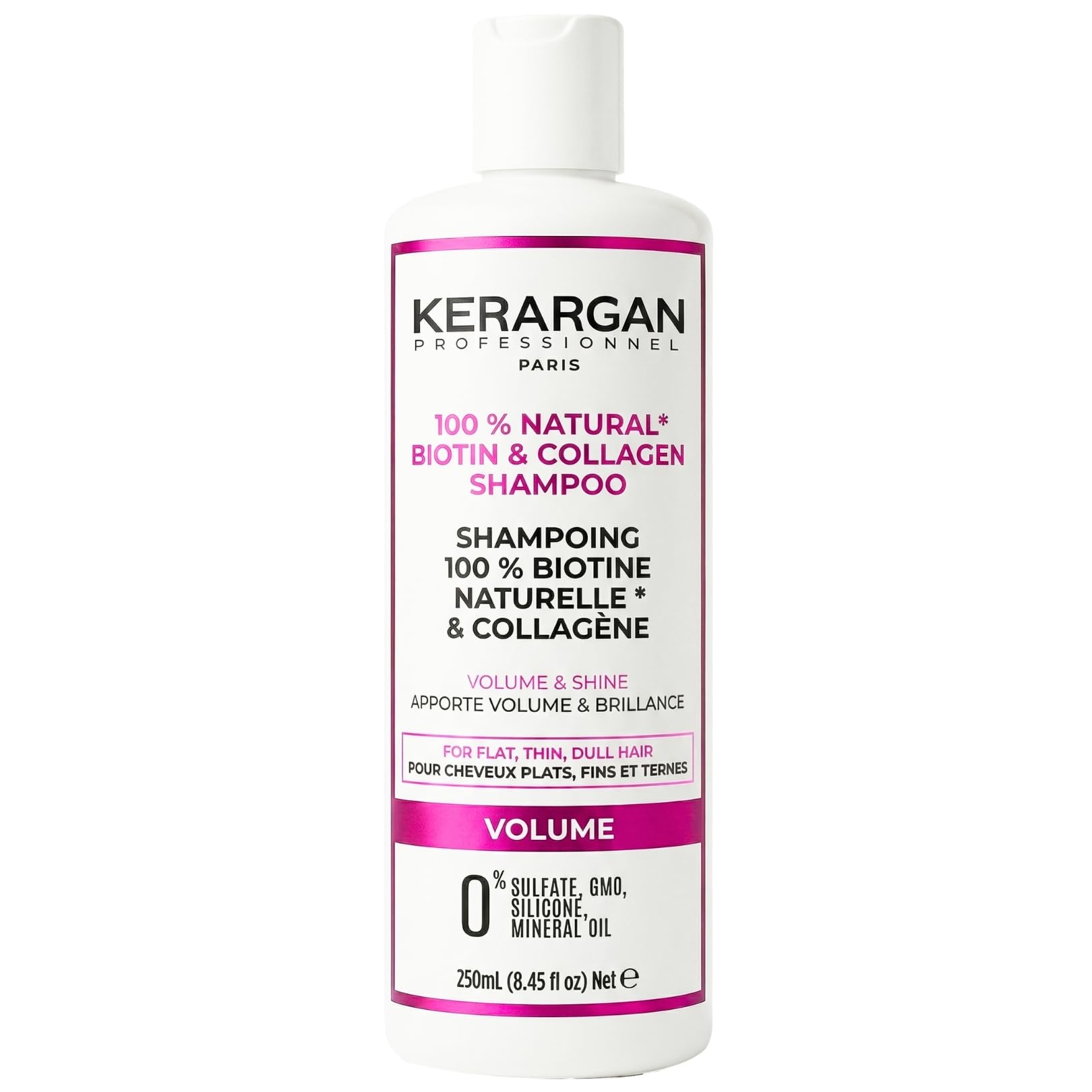 Kerargan - Volumizing Shampoo with Biotin & Collagen - For Flat, Fine, Dull Hair - Fortifying, Shine, Moisturizing - Sulphate, GMO, Silicone, Mineral Oil - 250ml