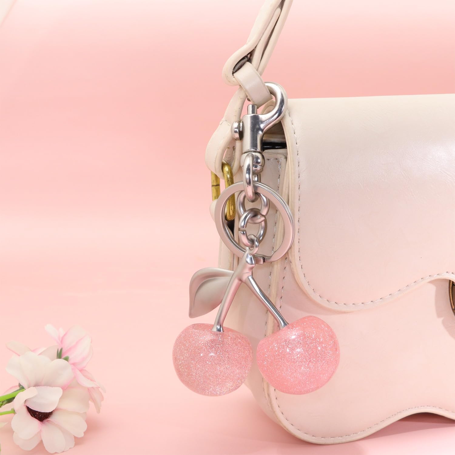 Cherry Fruit Keychain Gold Bag Charms for Handbags Glitter Cherry Key Chain Cute Metal Purse Charms Gold Silver - Image 3