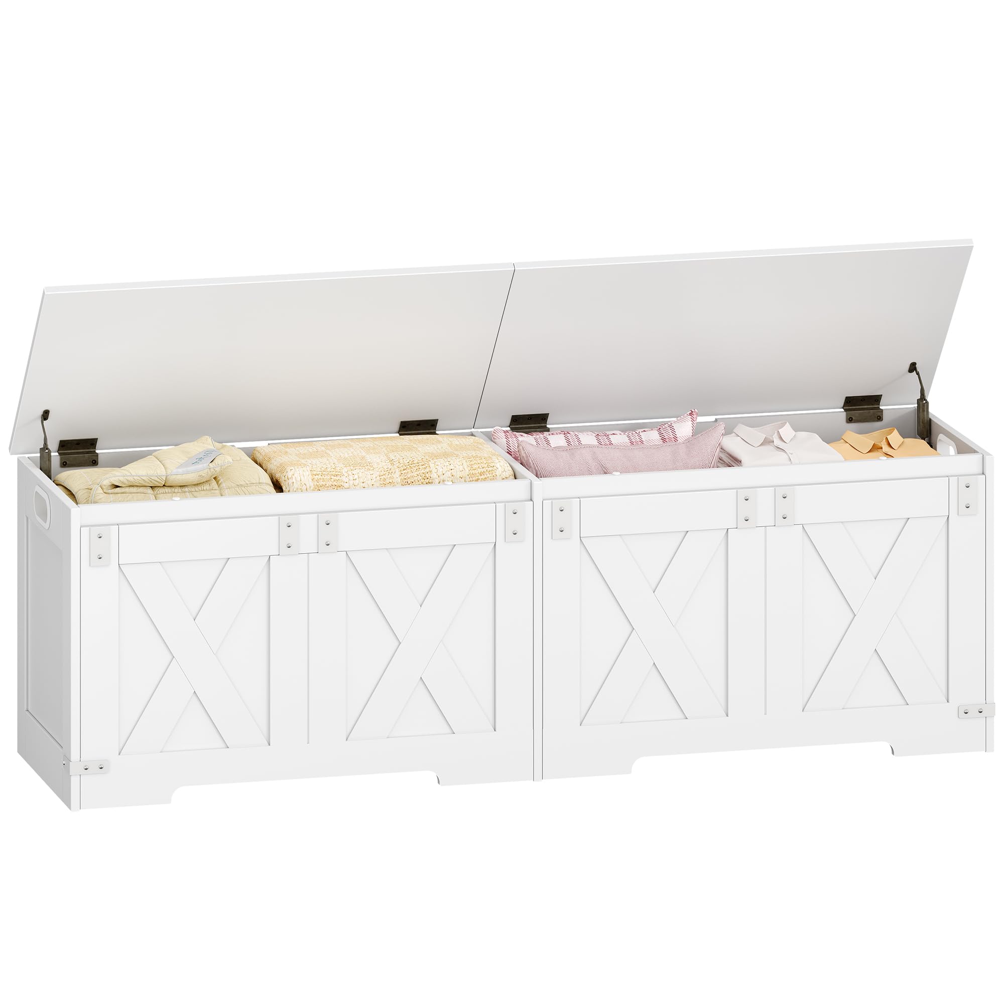 Hzuaneri 59-inch Modern Farmhouse Storage Chest and Bench in white, closed, in a bedroom setting.