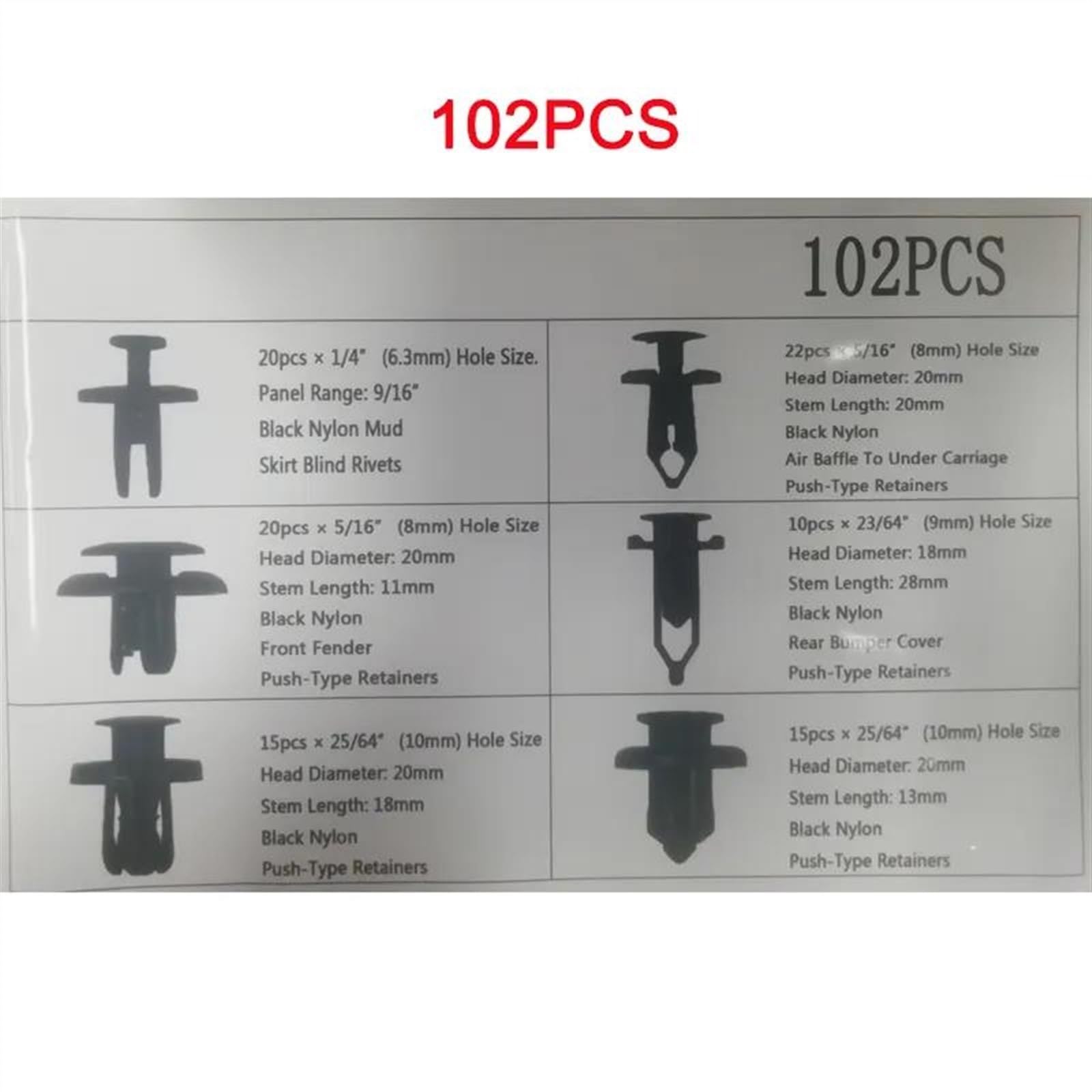 Viti e accessori 102 Pz 6.3mm 8mm 9mm 10mm Clip Di Fissaggio Automatico Misto Car Body Push Fermo Spille Rivetto Paraurti Door Trim Pannello Kit
