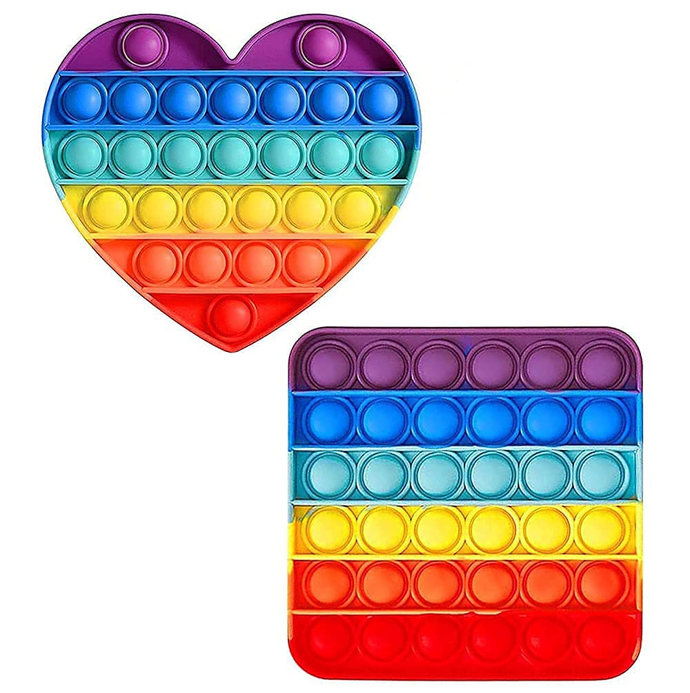 Foxit Rainbow Pop It Pack of 2 Popit Rainbow Fidget Toy Set for Kids Popitst for Girls Boys Popits Fidgets Gadget Stress Reliever Anxiety Relief Popup Bubble Pops | Toy_Square+Heart
