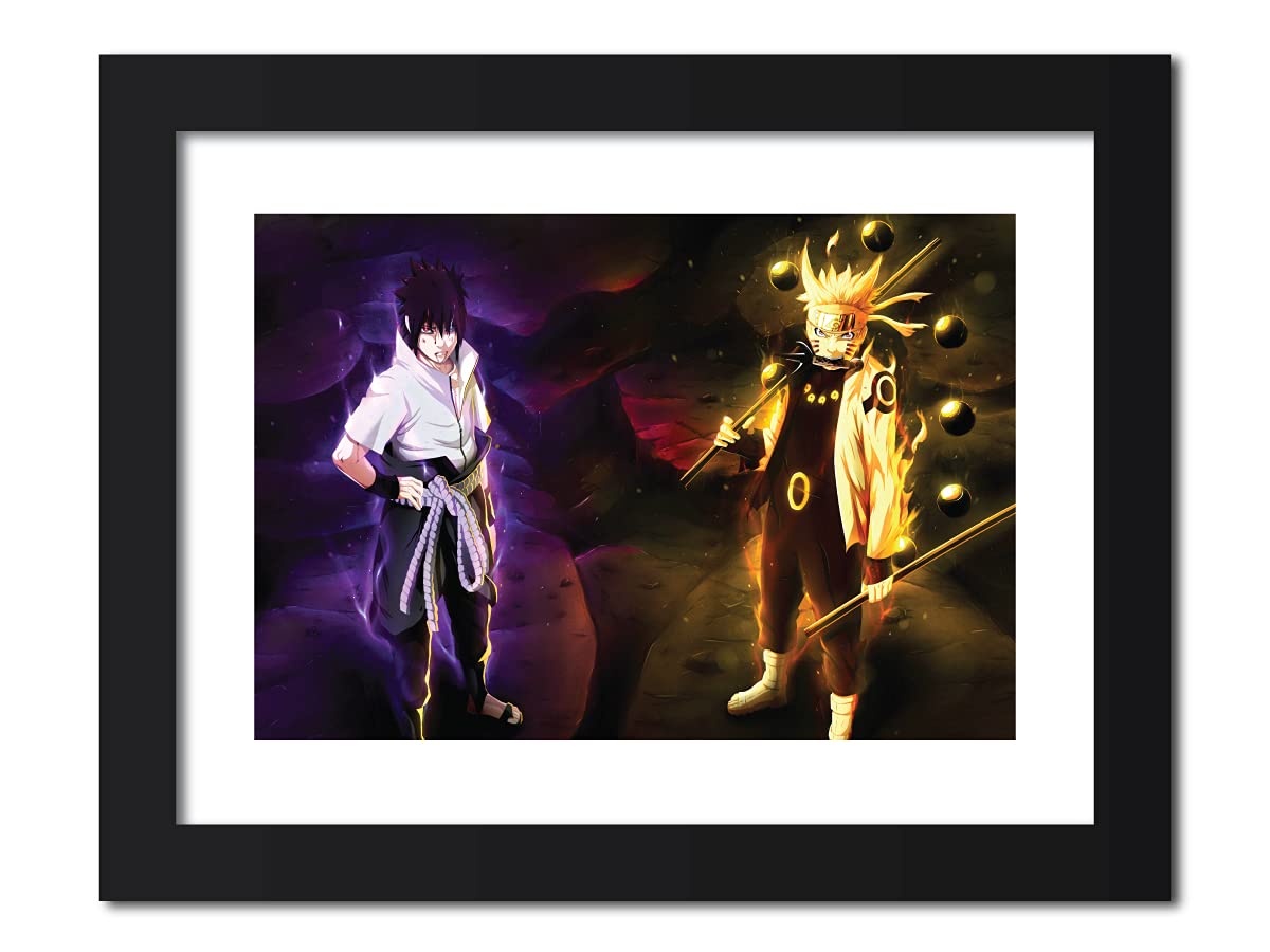 TenorArts Naruto and Sasuke Uchiha Poster Naruto Anime Laminated Poster Framed Painting with Matt Finish Black Frame (12inches x 9inches)