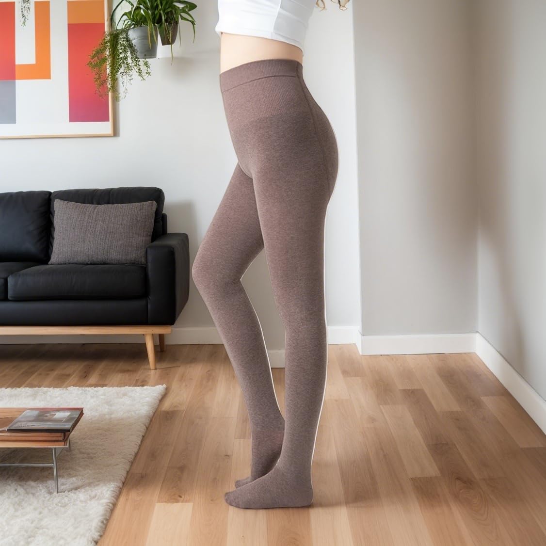 Medias para mujer, con forro polar, cálidas, opacas, con parte superior de control, Café, XL