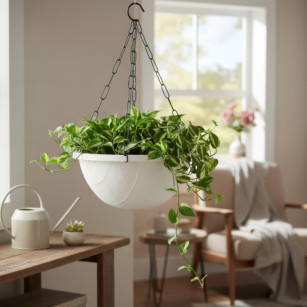 Tim Tim Agro White Hanging Planter Basket - 10 Inch Indoor Outdoor Flower Pots, Plant Containers with Drainage Hole, Plant Pot for Hanging Plants, Pack 2 1