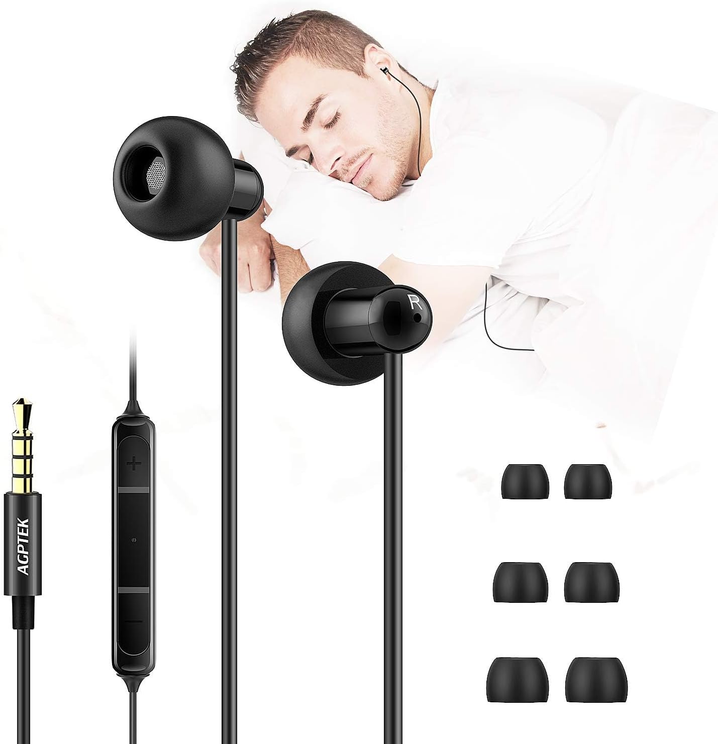 AGPTEK Sleep Earbuds, in-Ear Sleeping Earphones Noise Isolating Earbuds with Mic & Volume Control for Sleeping, Side Sleeper, Snoring, Air Travel, 3 Sizes