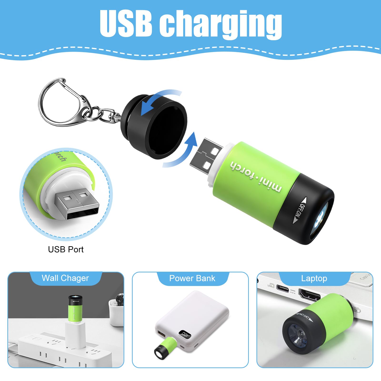 Mini lampe de poche porte-clés rechargeable par USB