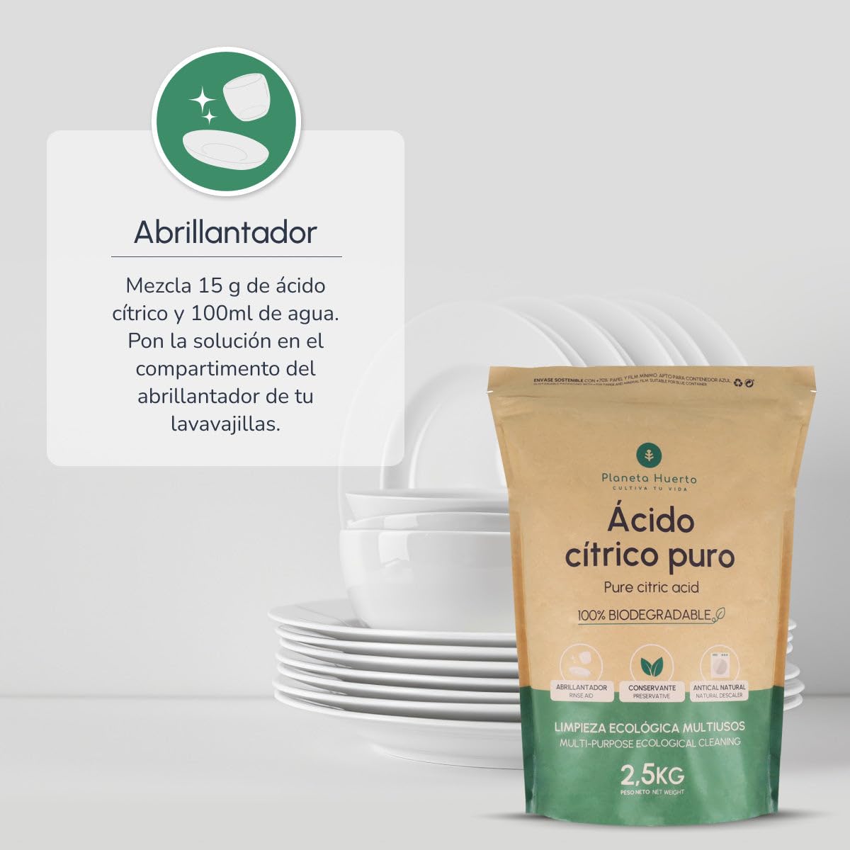 PLANETA HUERTO | Pack 6x Ácido Cítrico Ecológico – Ácido cítrico en polvo multiusos para limpieza ecológica, abrillantador, antical y detergentes caseros