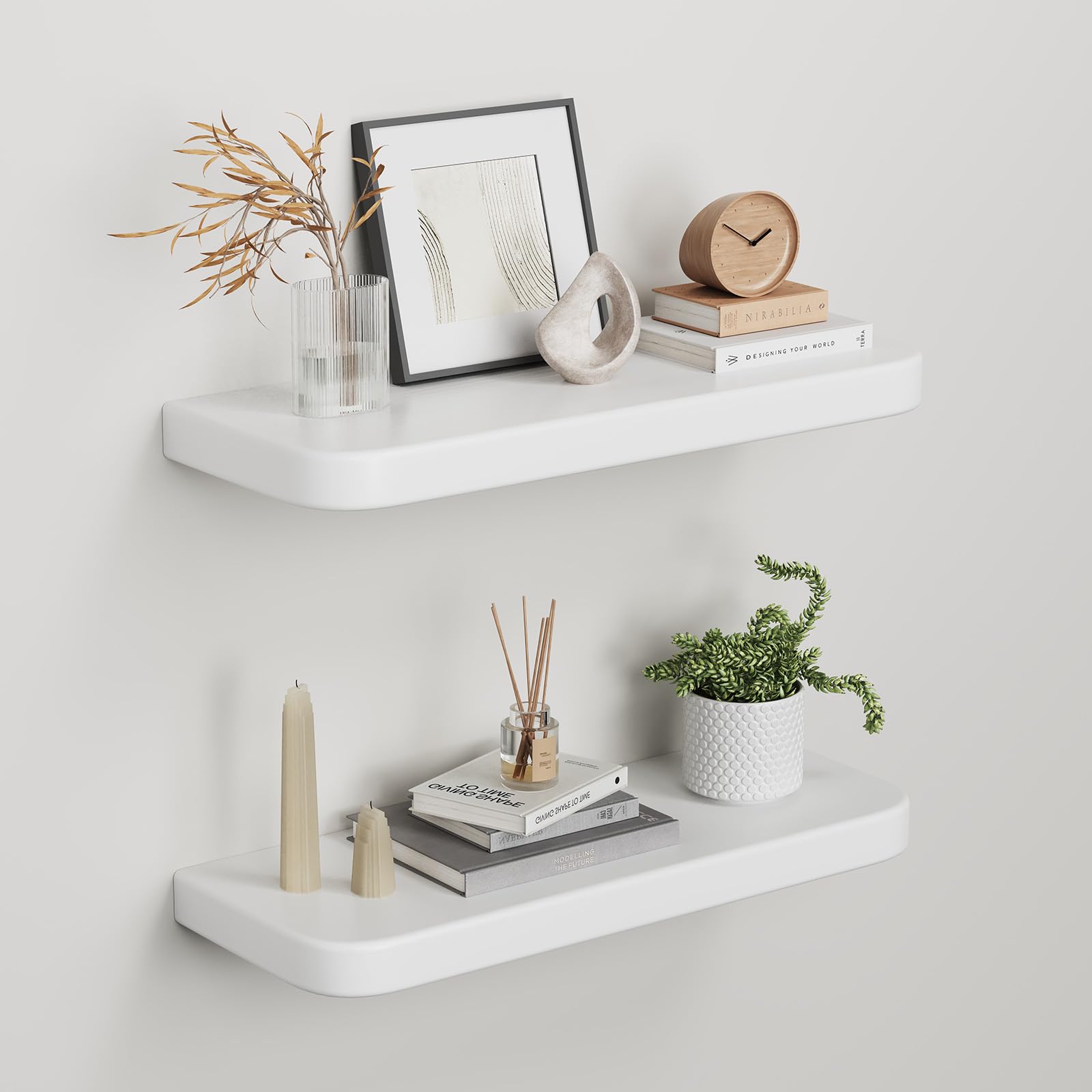 hi-home Wandregal 2er Set aus Holz – Schweberegale mit Unsichtbarer Halterung, Rustikales Holzregal für Wohnzimmer, Schlafzimmer oder Küche, Platzsparendes Wandboard für Bücher und Deko, Weiß