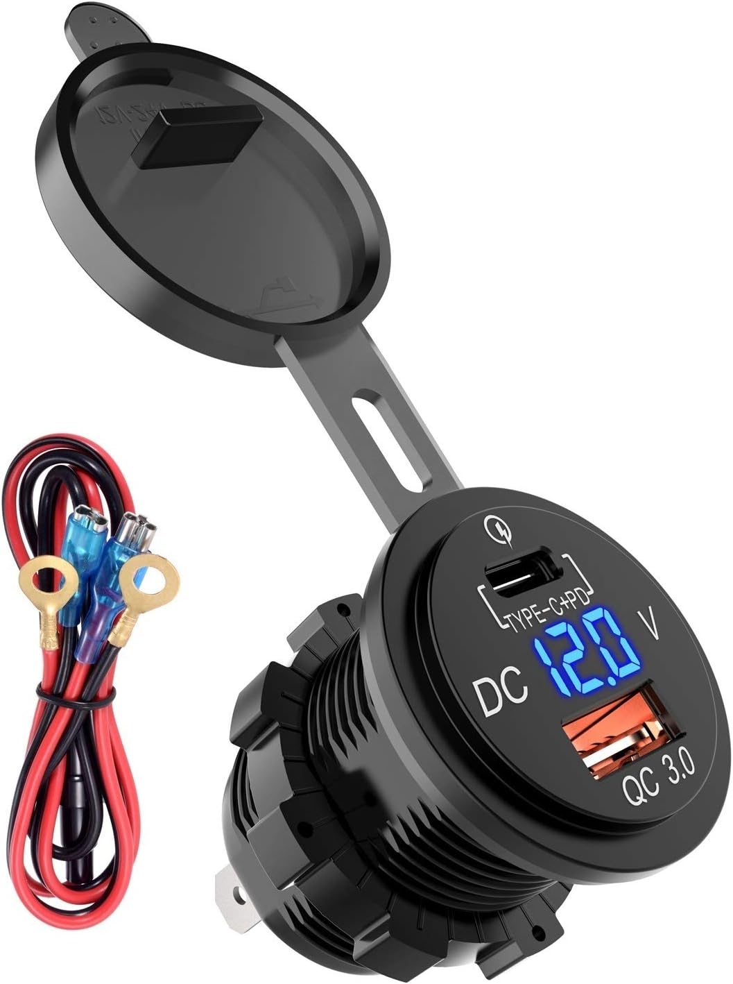 YonHan USB Type C Charger Socket with 5V/3A USB-C & Quick Charge 3.0 Ports, Waterproof Power Outlet with LED Digital Voltmeter for 12/24V Marine Boat Car Truck Motorcycle and More