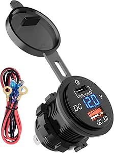 YonHan USB Type C Charger Socket with 5V/3A USB-C &amp; Quick Charge 3.0 Ports, Waterproof Power Outlet with LED Digital Voltmeter for 12/24V Marine Boat Car Truck Motorcycle and More