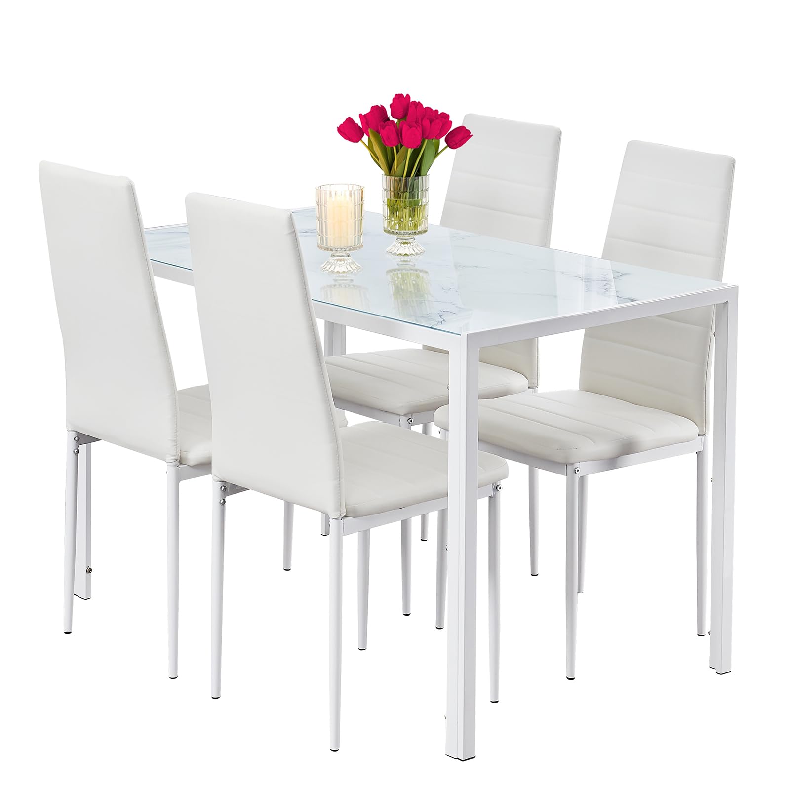 5 Pieces Glass Dining Table Set for 4, Compact White Kitchen Table and PU Chairs Set Contemporary White Dining Room Set for Home Kitchen/Apartment and