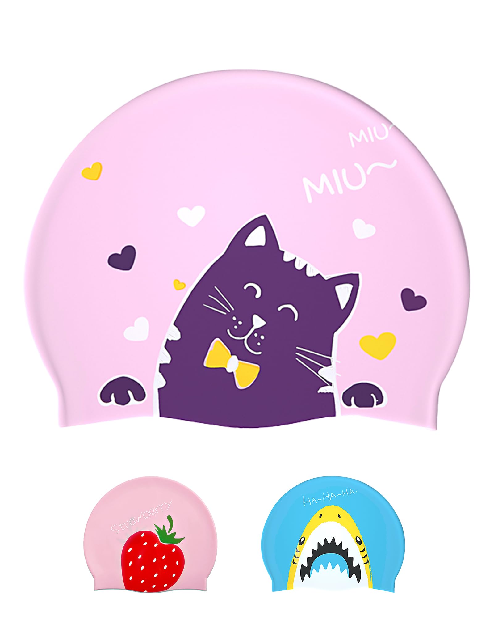 Swimming Cap Kids 6-14 - Swim Hat for Kids 6-14 Years Silicone & Waterproof, Pink kitty, One size fits ages 6-14