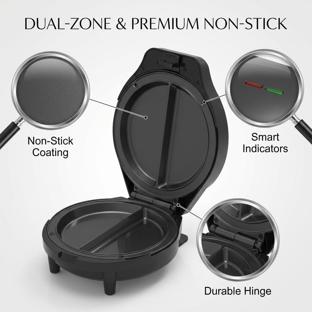 Dual-Zone Electric Omelette Maker,Omelette Maker Electric,1000w Rapid Double-Sided Egg Cooker With Non-Stick Plates，Anti-Silp Base Anti-Scald Handle Cool-Touch Handle for Home,Dorm&Travel