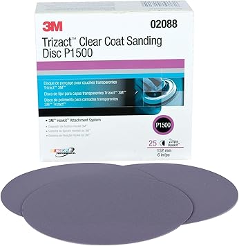 3M 02088 Trizact Hookit 6" P1500 Grit Clear Coat Sanding Disc, (Box of 25)
