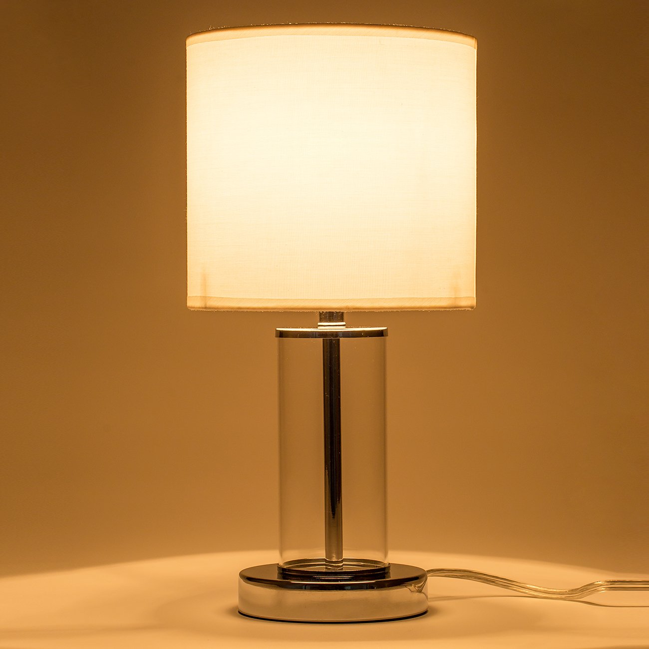 Fabric Shade Table Lamp with Glass Cylinder and Metal Base, Simple Style Night Stand Lamp and Modern Bed Light for Living Room, Bedroom, Hotel