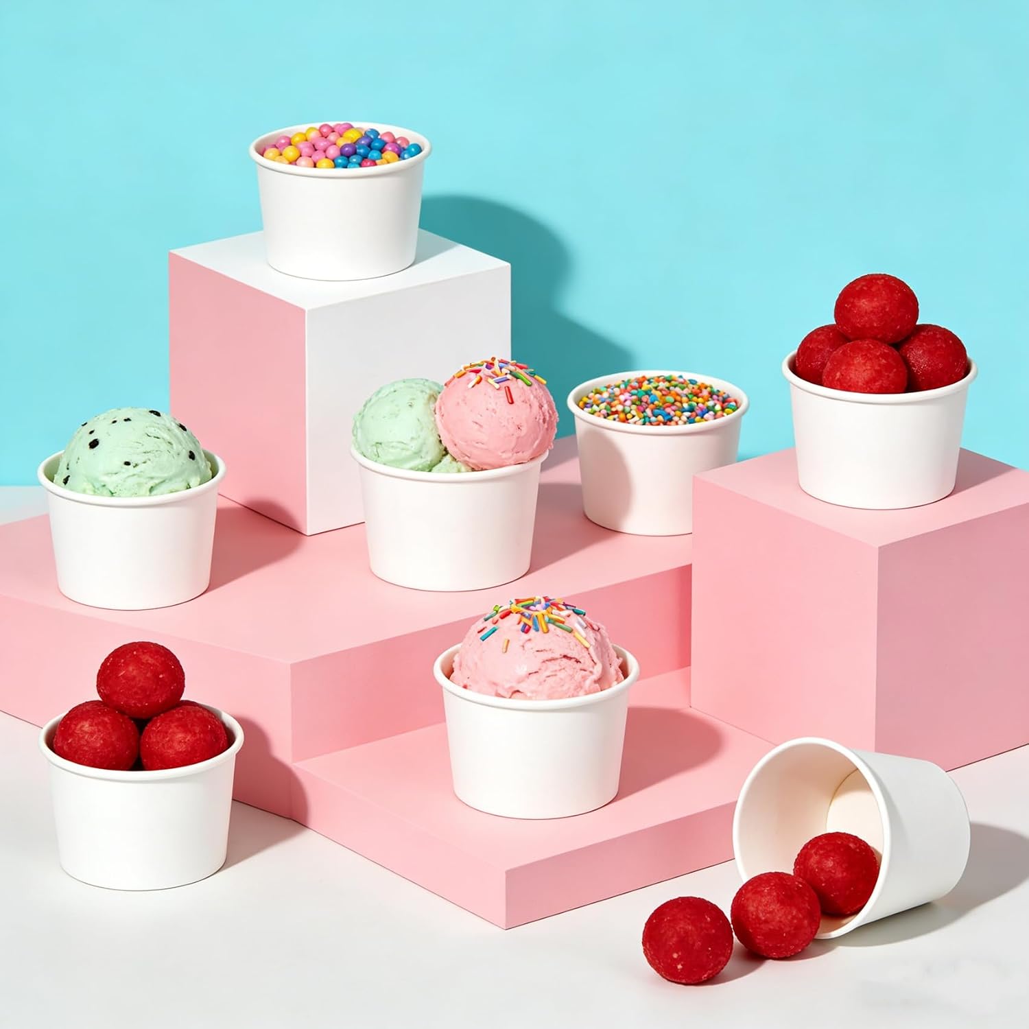 120 Pack 8 OZ Disposable Paper Ice Cream Cups, Dessert Bowls for Sundae Yorgurt, Stackable White Office Coffee Cup Bucket Soup Bowls for Party Supplies image 5