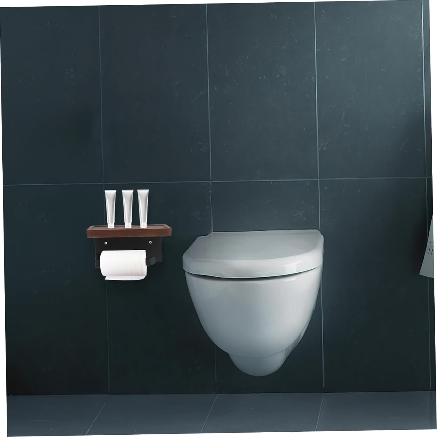 Freestanding Toilet Paper Holder with Wooden Shelf, Bathroom Storage Organizer for RV & Camper