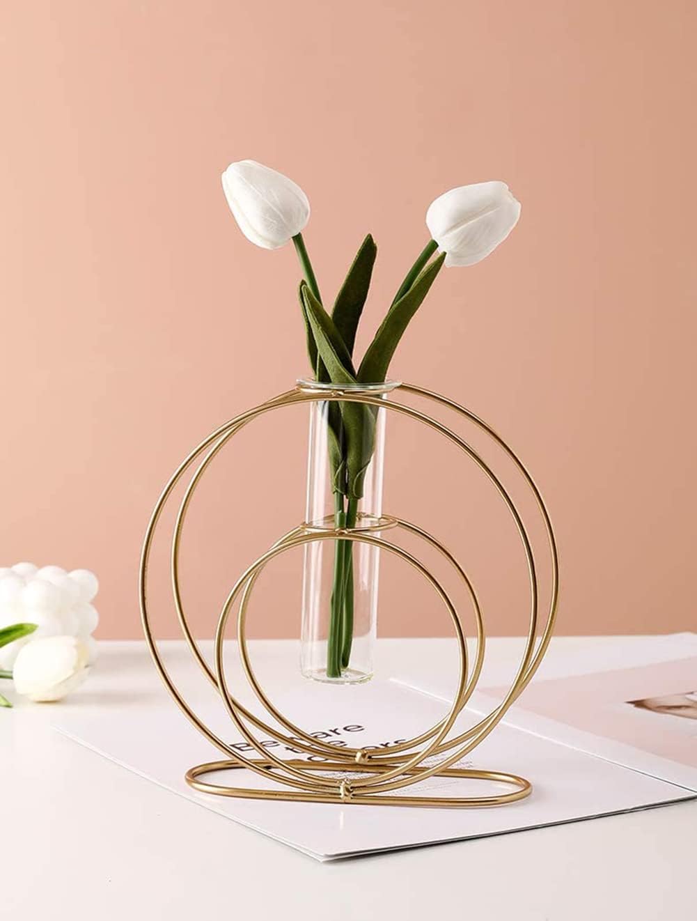 Glass Flower Vase with Metal Frame Stand Modern Creative Geometry Desktop Glass Planter Indoor Décor Hydroponics Plants for Home Desktop Office Garden Wedding Decor