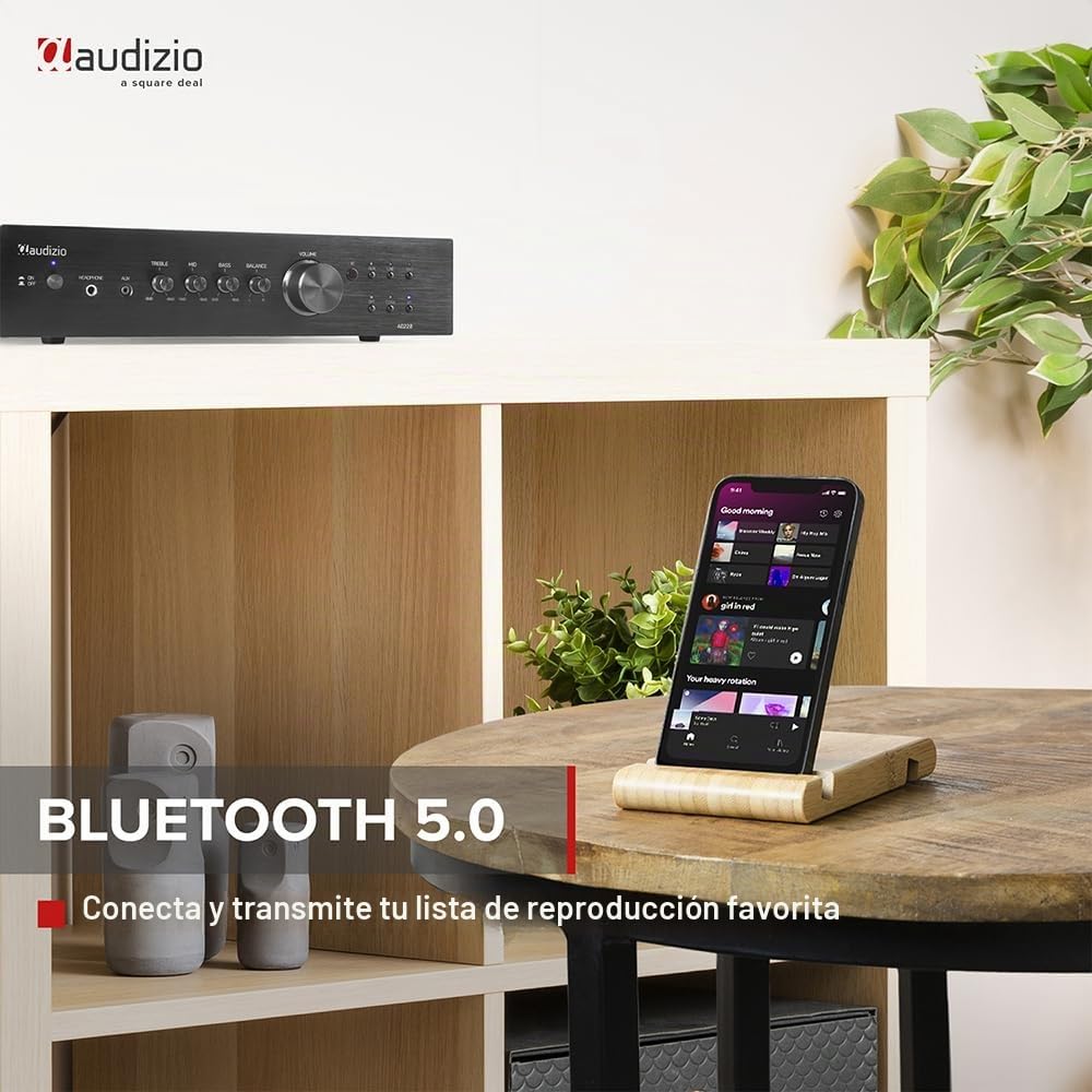 Audizio AD220B Amplificador estéreo Hi-FI de 400w y Bluetooth, 1 Salida subwoofer, Salida óptica y coaxial, 2 Salidas de Altavoz, MP3, EQ, Ideal para Ver peliculas o Escuchar tu música, Color Negro