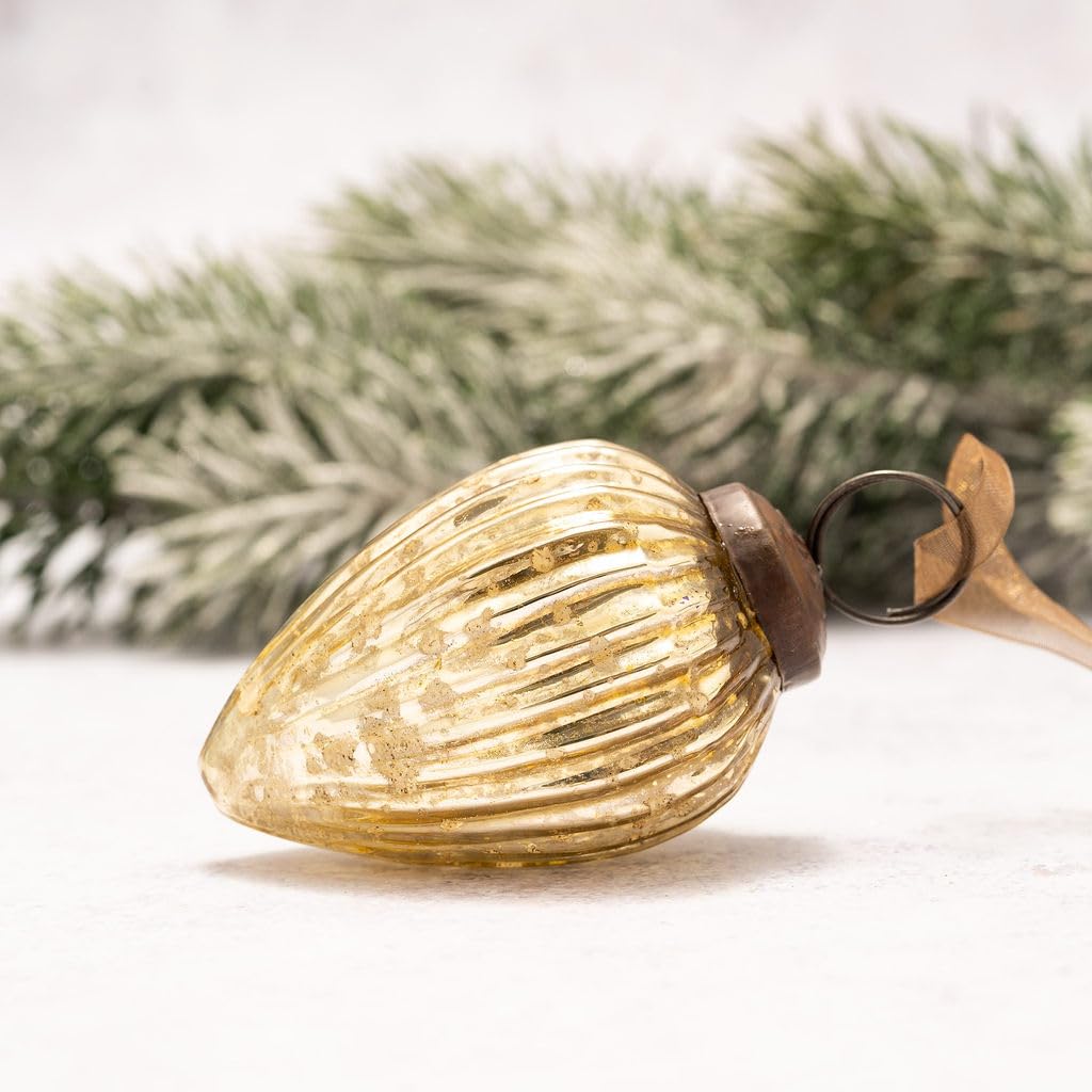Arthur Cameron – Small 2" Crackle Glass Pinecone Ornaments – Hand-Blown Small Christmas Tree Decorations for Traditional Christmas Trees & Winter Wonderland Displays (Gold)