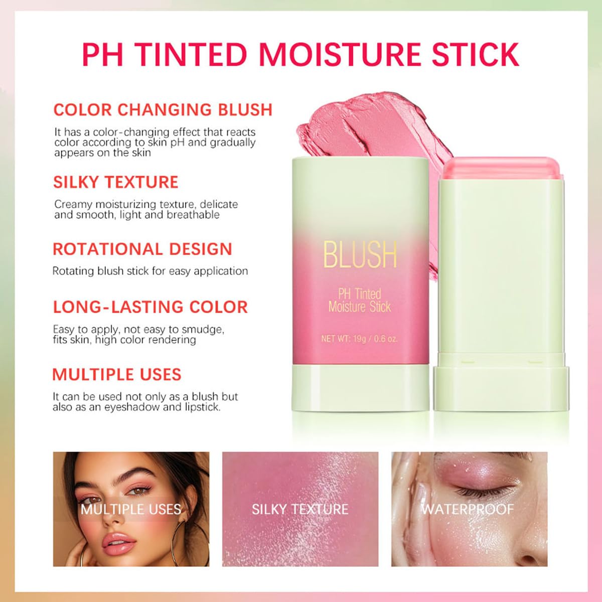 PH Tinted Moisture Stick，Multi-Use Cream Color Changing Blush, 3-in-1 Blush Stick for Cheek/Eyes/Lips, Waterproof Hydrating Tinted Solid Makeup Products (1# Shy Pink): 2#hot red 0.6 Ounce (Pack of 1)
