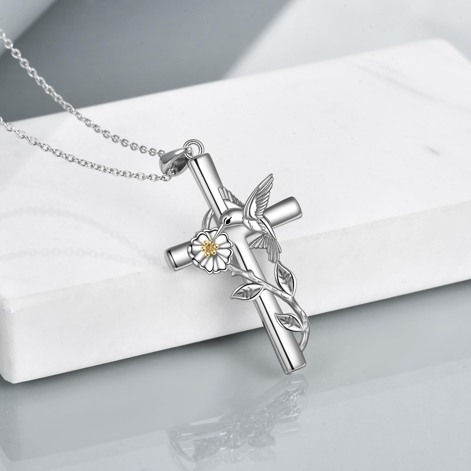 YFN Collar de colibrí para mujer, plata de ley, cruz, colibrí, collar de margarita, regalos para niñas