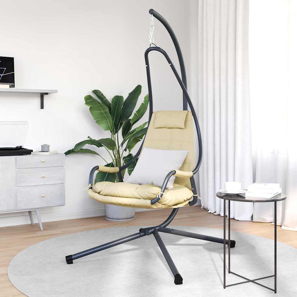 Silla colgante de huevo beige, 94 x 107 x 196,5 cm, silla colgante de acero para sala de estar, balcón, exterior o interior, mecedora, sillón, adulto
