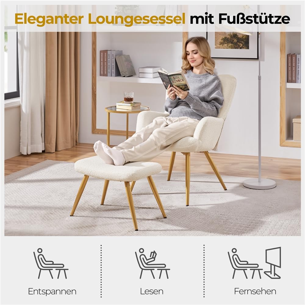 Yaheetech Sessel Ohrensessel mit Hocker aus Boucle-Gewebe, Relaxsessel mit Fußstütze, Loungesessel mit Klappbarer Rückenlehne, Fernsehsessel für Wohnzimmer/Schlafzimmer Elfenbein