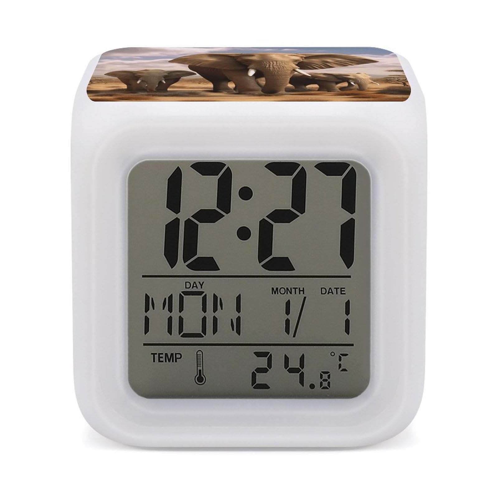JTREHY 7 Color Changing LED Digital Alarm Clock,Elephant Family Printed Wake-up Clock with Temperature Display Home Decoration Alarm Clock for Bedroom Office