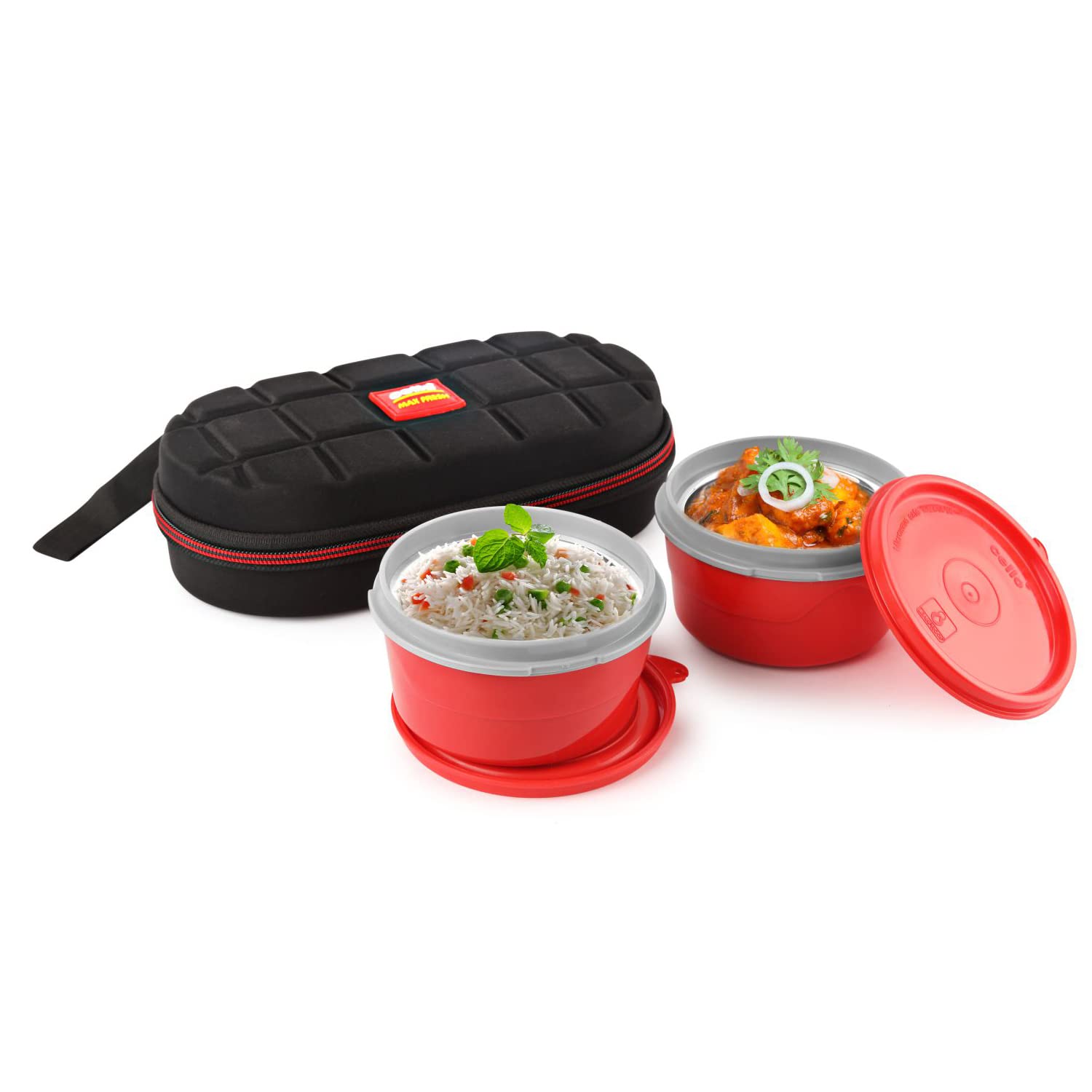 Cello Maxfresh Micro Lunch Box with Inner Steel, 2 Pcs, Red
