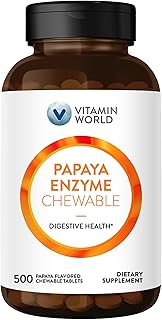 Vitamin World Papaya Enzymes Chewable 500 Tablets - Papain, Amylase & Protease for Digestion & Nutrient Absorption, Papaya...