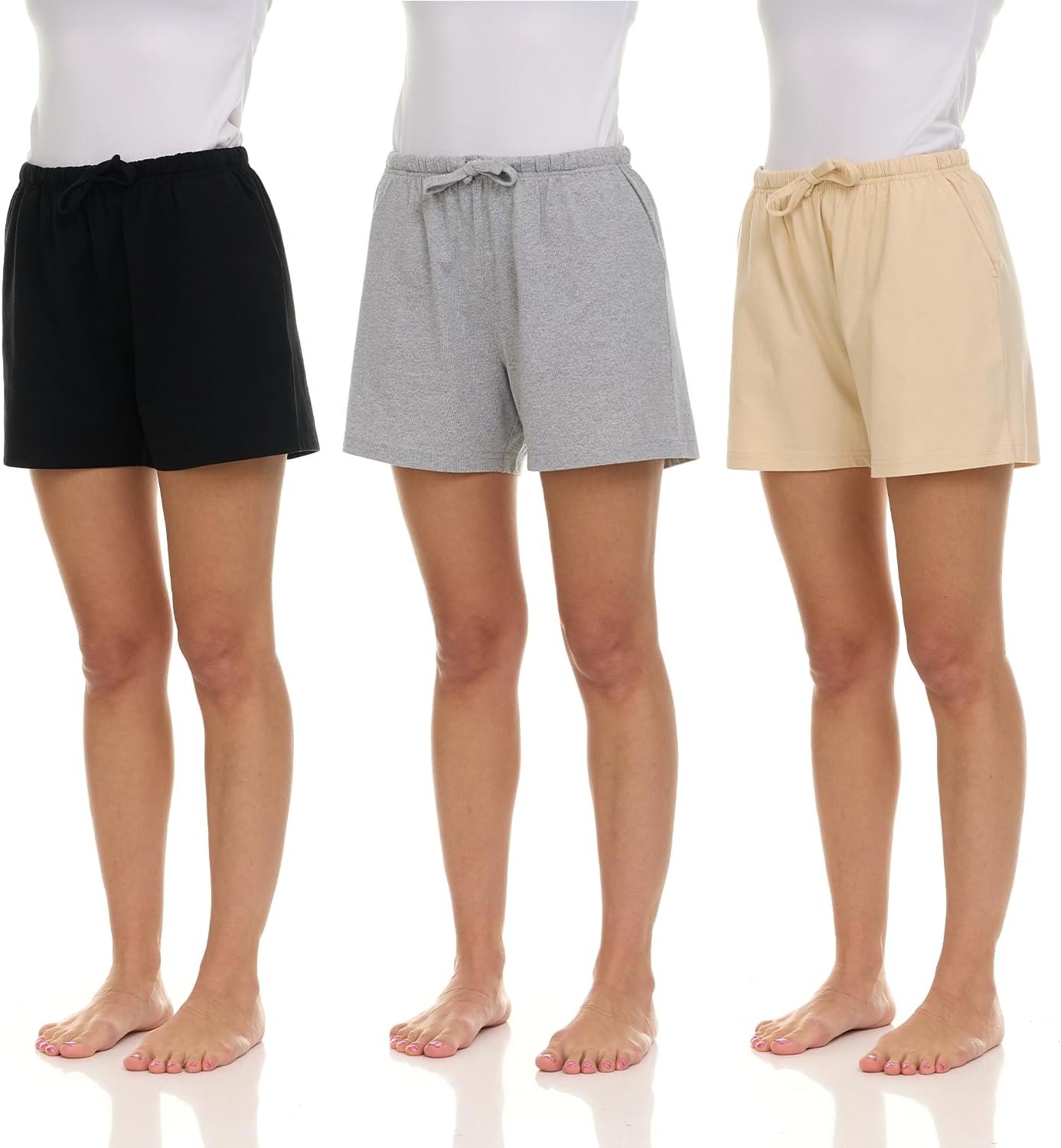 Essential Elements 3 Pack: Women's 100% Cotton Casual Active Gym Lounge Sleep Bottom Pajama Shorts
