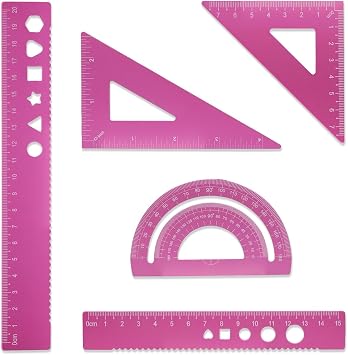 5 Pcs Metal Geometry Set, Math Drafting Ruler Kit- Aluminum Triangle Rulers, Protractor, 8 Inch and 6 Inch Drawing Ruler, Measuring Tool for School and Office Supplies Light Pink