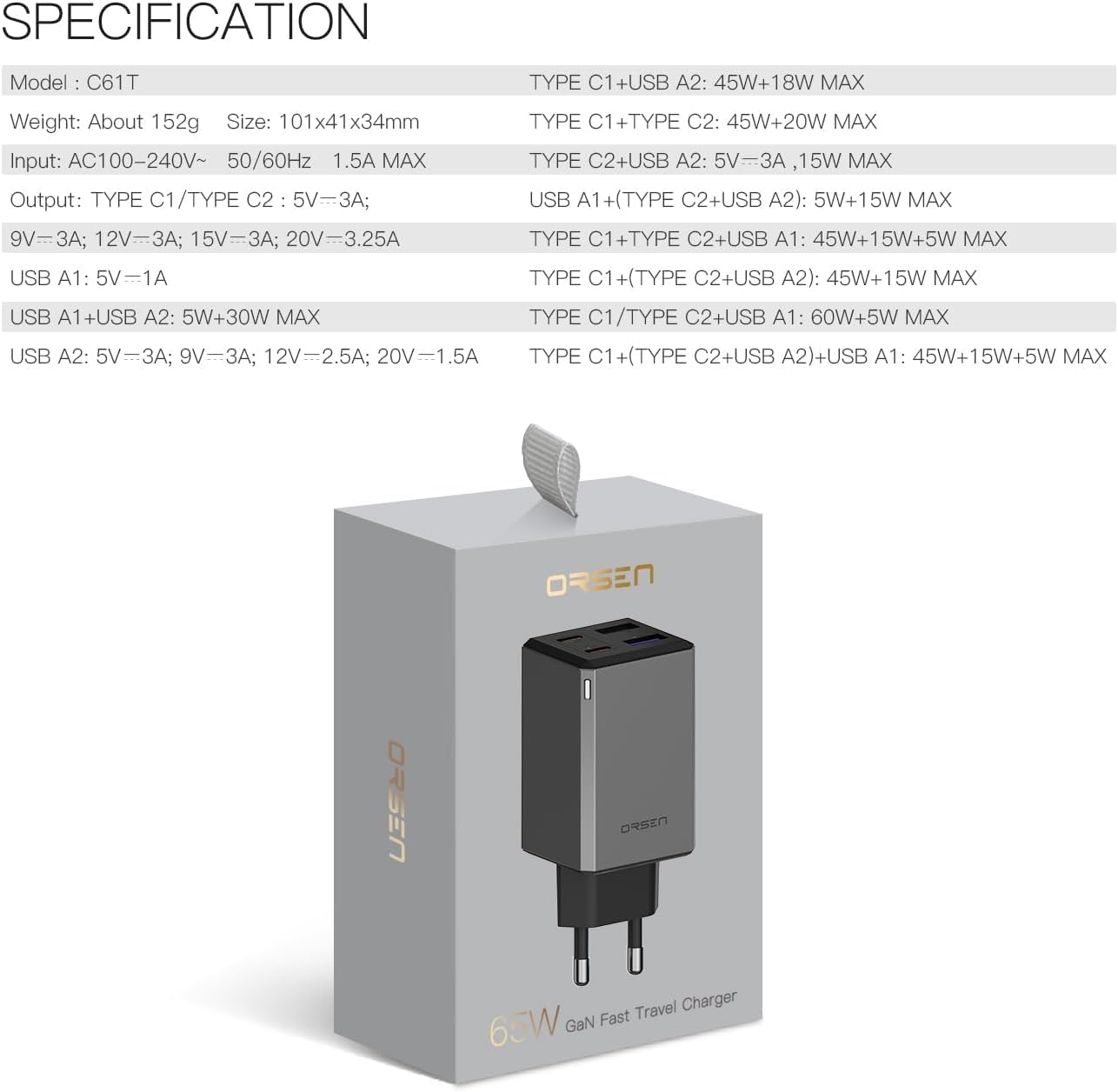 ORSEN C61T GaN ładowarka 65 W, 4 porty USB C, USB A, szybka ładowarka PD, zasilacz podróżny do laptopa, tabletu, smartfona, szara