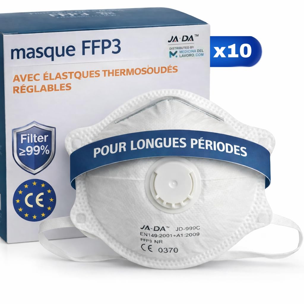 10 Masque FFP3 avec Élastiques Certifiés CE, Masque 5 Couches Avec Valve, Masques de Protection Adulte contre les Poussières et les Particules, Masques Protection Respiratoire BFE≥99, 10 Pièces