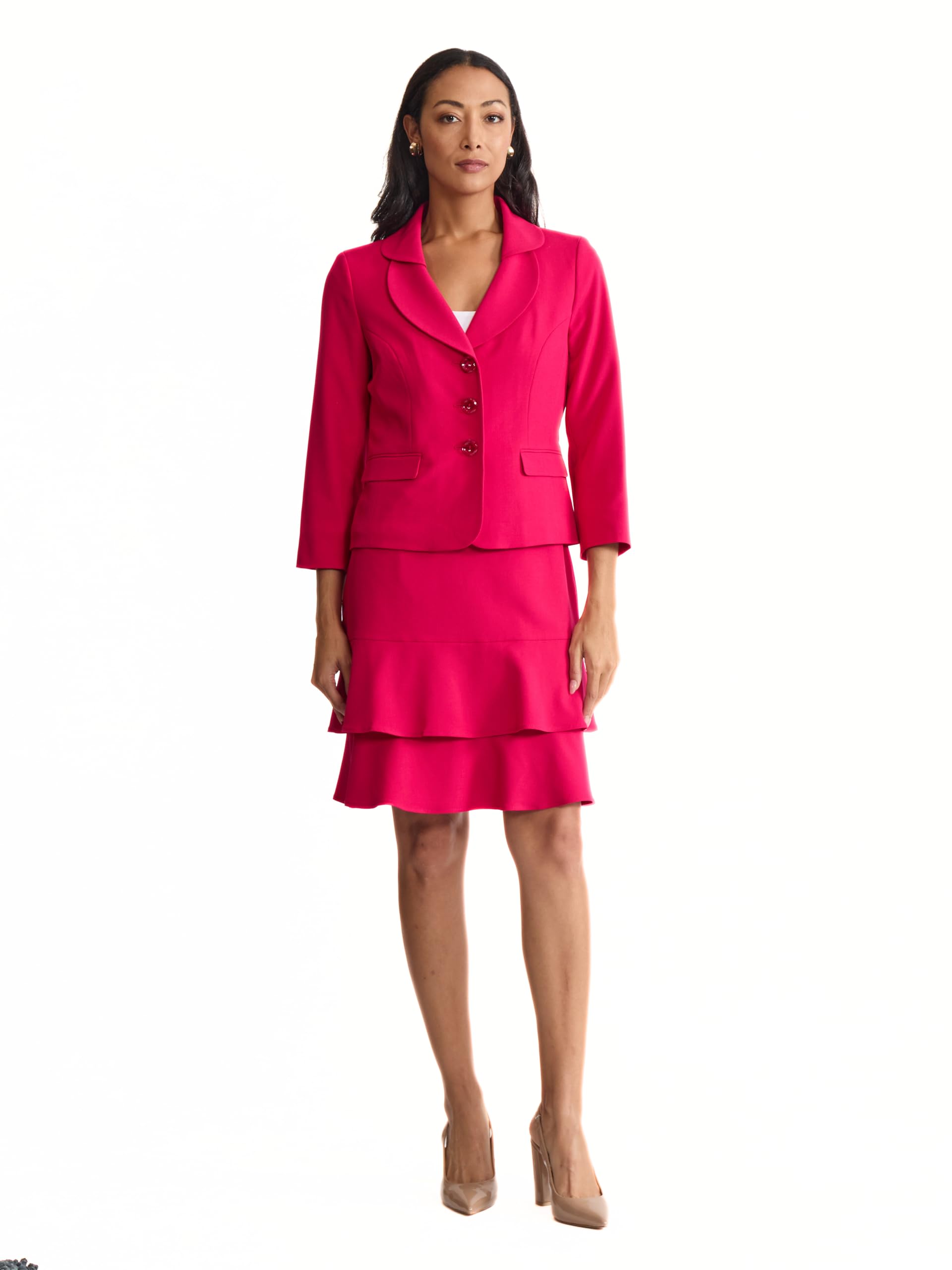 Le Suit Womens Three Button Blazer and Tiered Ruffle Skirt 2pc Set Dark Azalea