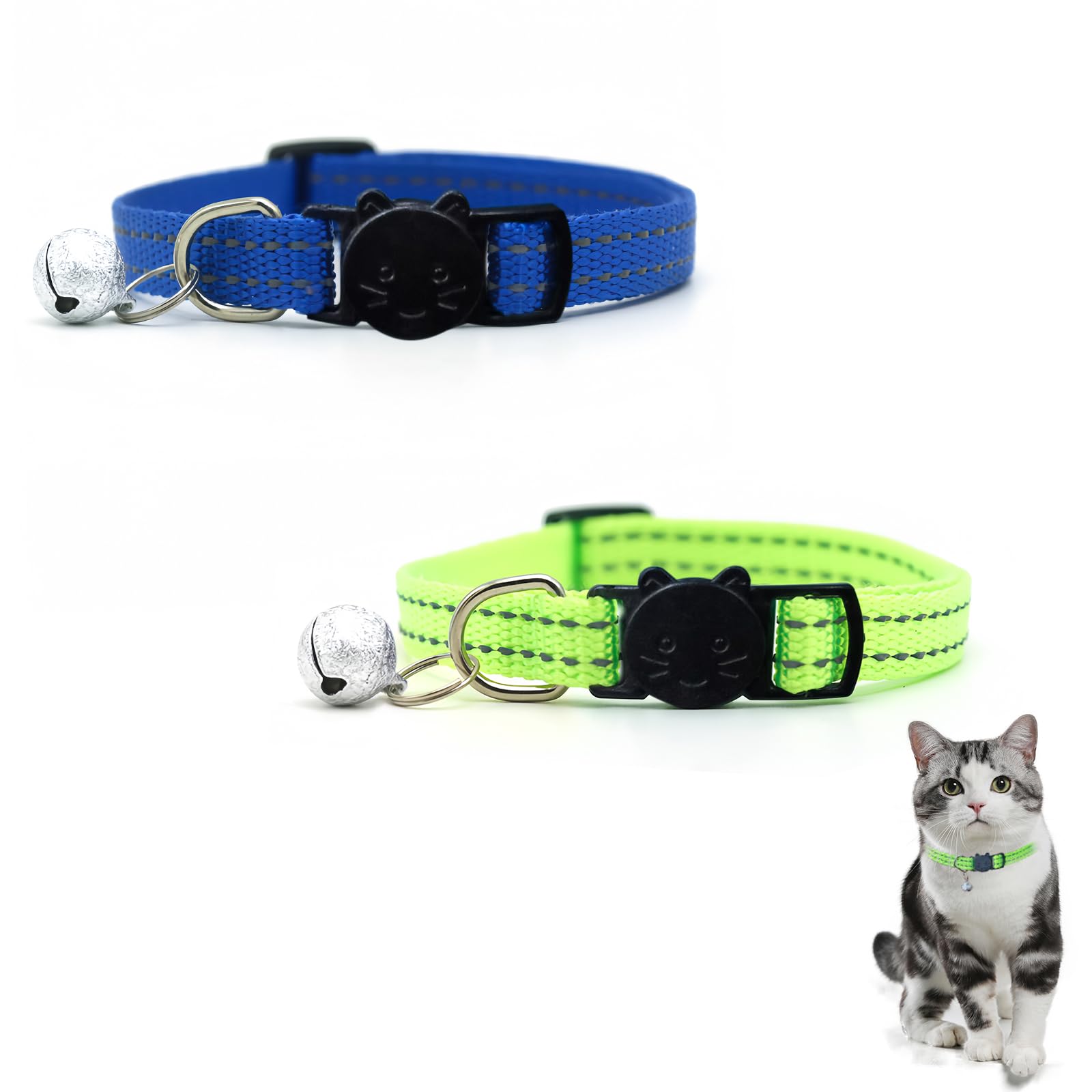 LuckyOpt 2Pcs Cat Collars with Bell, Reflective Cat Collar with Quick Release Breakaway Buckle
