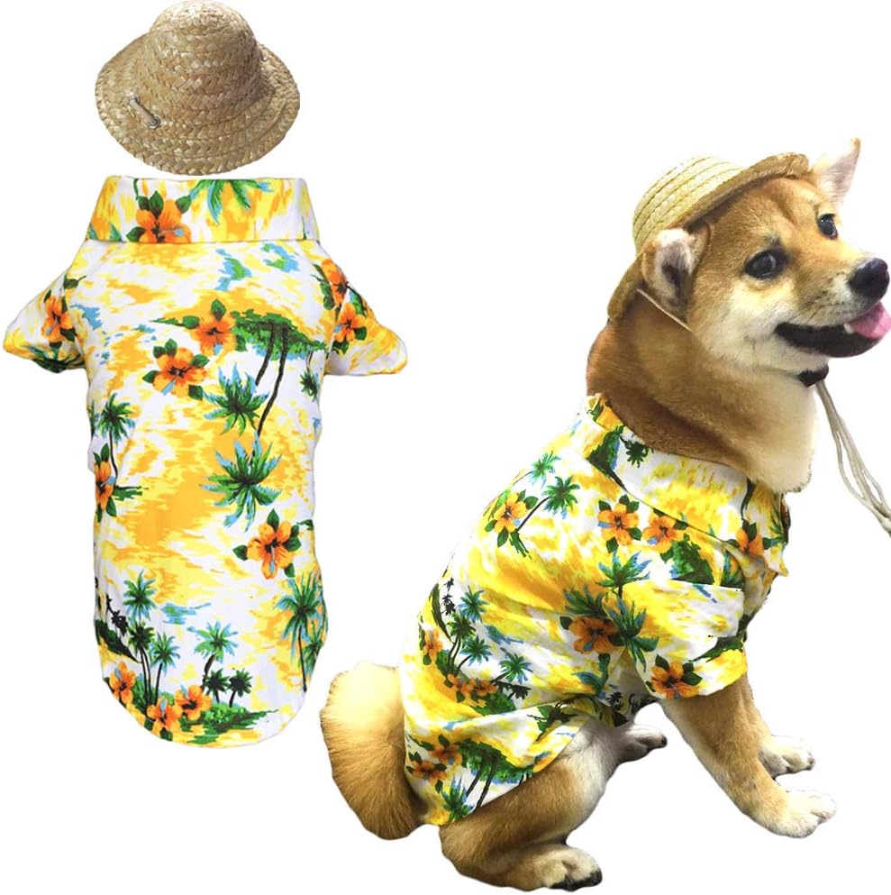 Hawaiian Pet Dog T-Shirt Summer Camp Clothes Apparel with Straw Hat for Small Medium Large Dog Puppies Cats XLarge