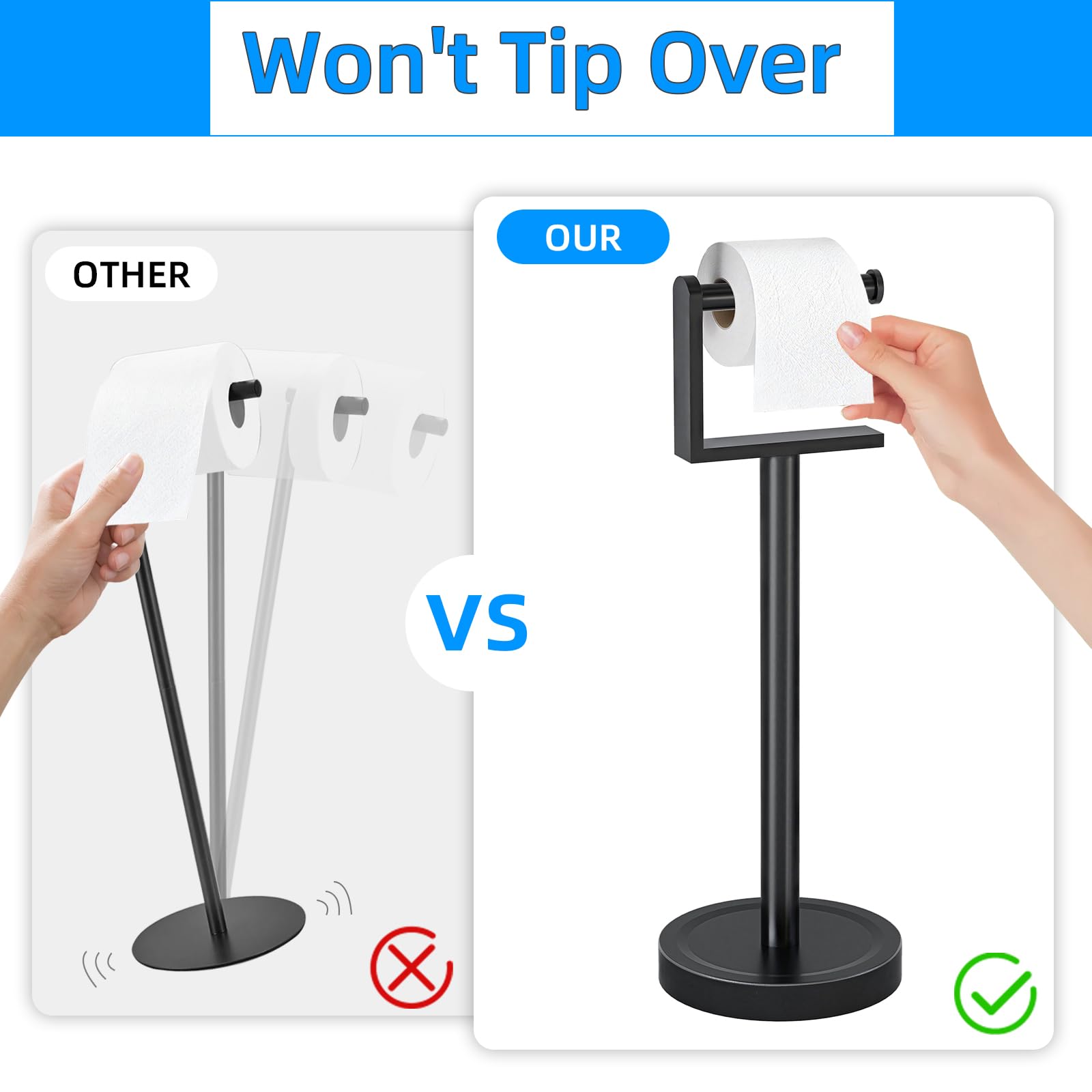 Heavy Duty Toilet Paper Holder Stand, Stable Weighted Base Toilet Paper Holder Free Standing, Stainless Steel Bathroom Free Standing Toilet Paper Roll Holder, Matte Black Tissue Rack — Amazon image 4