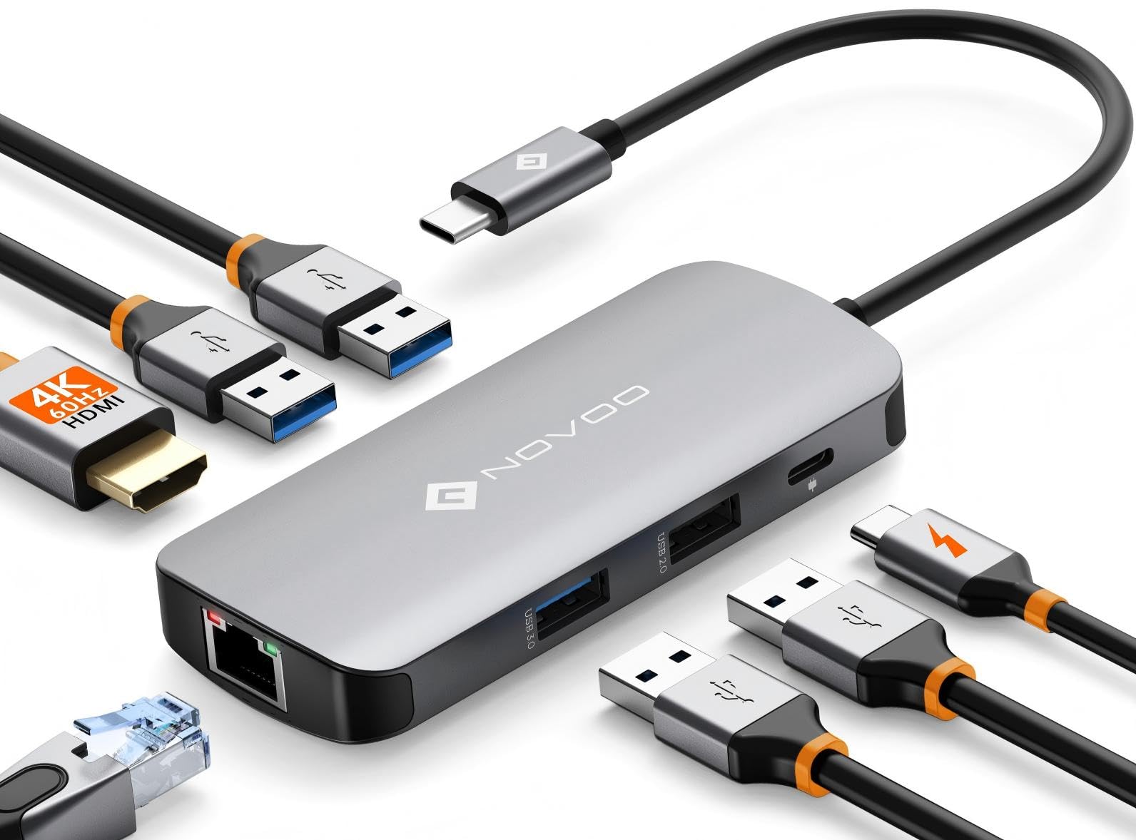 NOVOO Mulitport Adapter USB C auf Ethernet, 7 in 1 Hub USB C auf HDMI 4K, 100 W PD Ladeanschluss, USB x 4, USBC Hub für MacBook Pro MacBook Air Chromebook