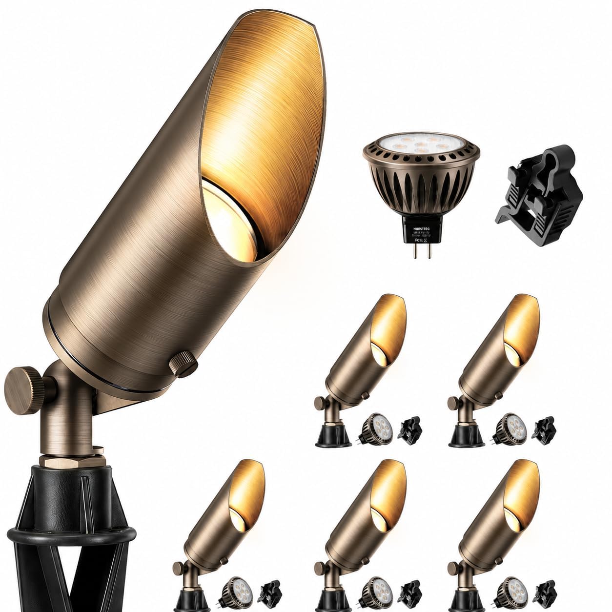 Photo 1 of HIBOITEC Solid Brass Outdoor Landscape Spotlights Light Fixture with 5W Aluminum Housing MR16 LED Bulb 2700K 450LM, 12V AC/DC, Low Voltage Outdoor Spot Lighting, Uplight for Garden, 6Pack