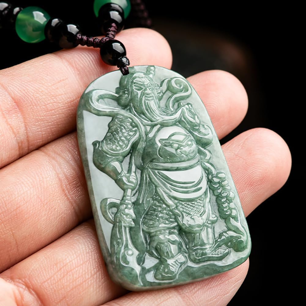 Jade Necklace for Men and Women, Wu God of Wealth Guan Gong Pendant Necklace, Hand Carved Grade A Certified Jadeite Feng Shui Guan Yu Lucky Amulet Jewelry