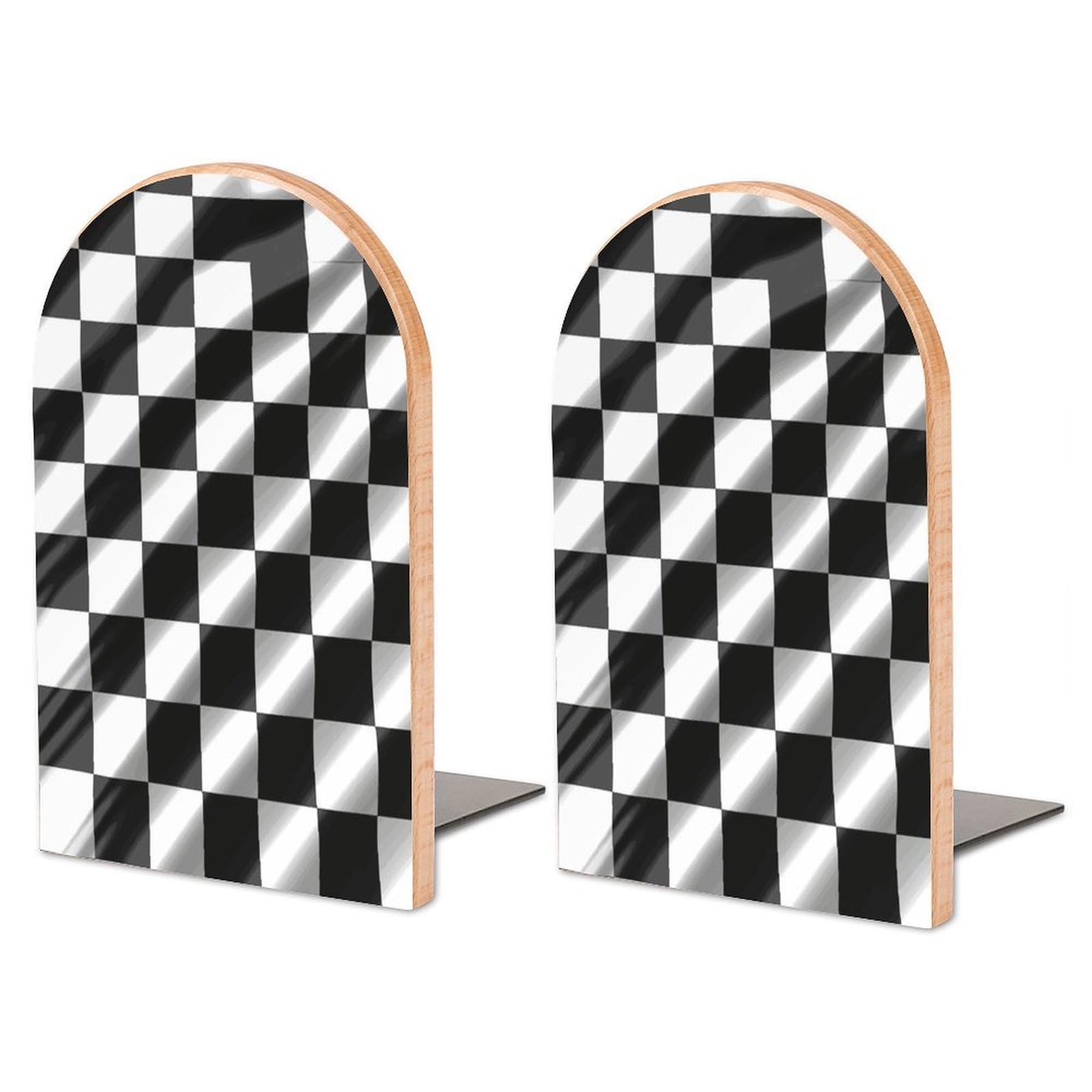 Non-Slip Bookend for Shelves Black White Race Checkered Flag Wooden Bookends with Metal Base Decorative Book Stopper for Home Heavy Duty Wood Book Storage for Books/CDs