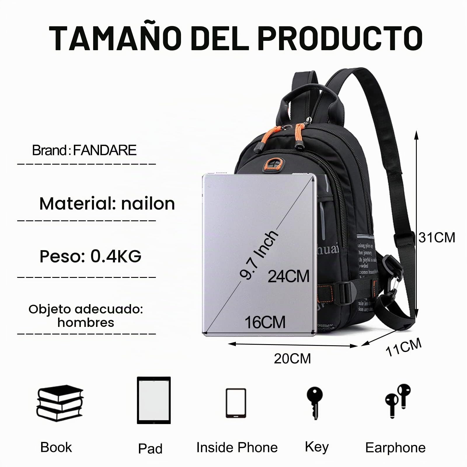 FANDARE Bolsa de Pecho Bolsos Cruzados Mochila Bolsa de Escuela Bolso Hombro Mujer Bolsos Bandolera Cruzada Sling Bag Viaje con Orificio para Auriculares & Correa de Hombro desmontableNegro