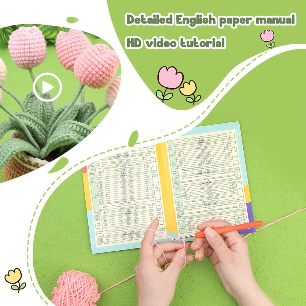 Häkelset für Anfänger, Häkelsets für Erwachsene, Häkel-Strickset, Blumen-Häkelset enthält Häkelzubehör und Schritt-für-Schritt-Video-Tutorials, komplettes Strickset mit Garn (8 Tulpen)