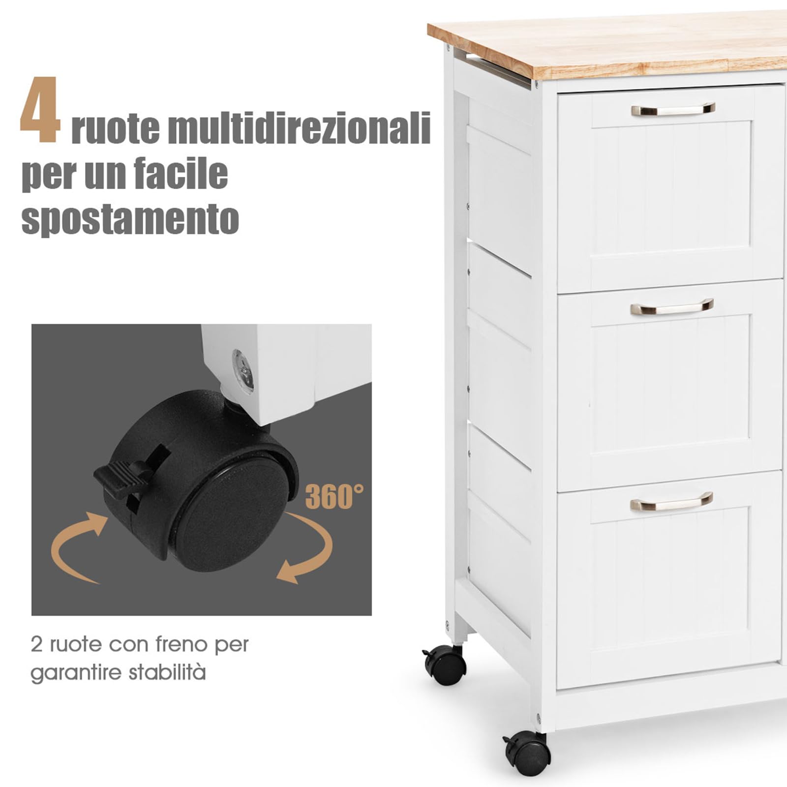 COSTWAY Carrello da Cucina con Ruote, Credenza Cucina con 4 Ripiani e 3 Cassetti, in Legno, Ideale per Cucina Ristorante e Bar, 67 x 37 x 83,5 cm (Bianco)