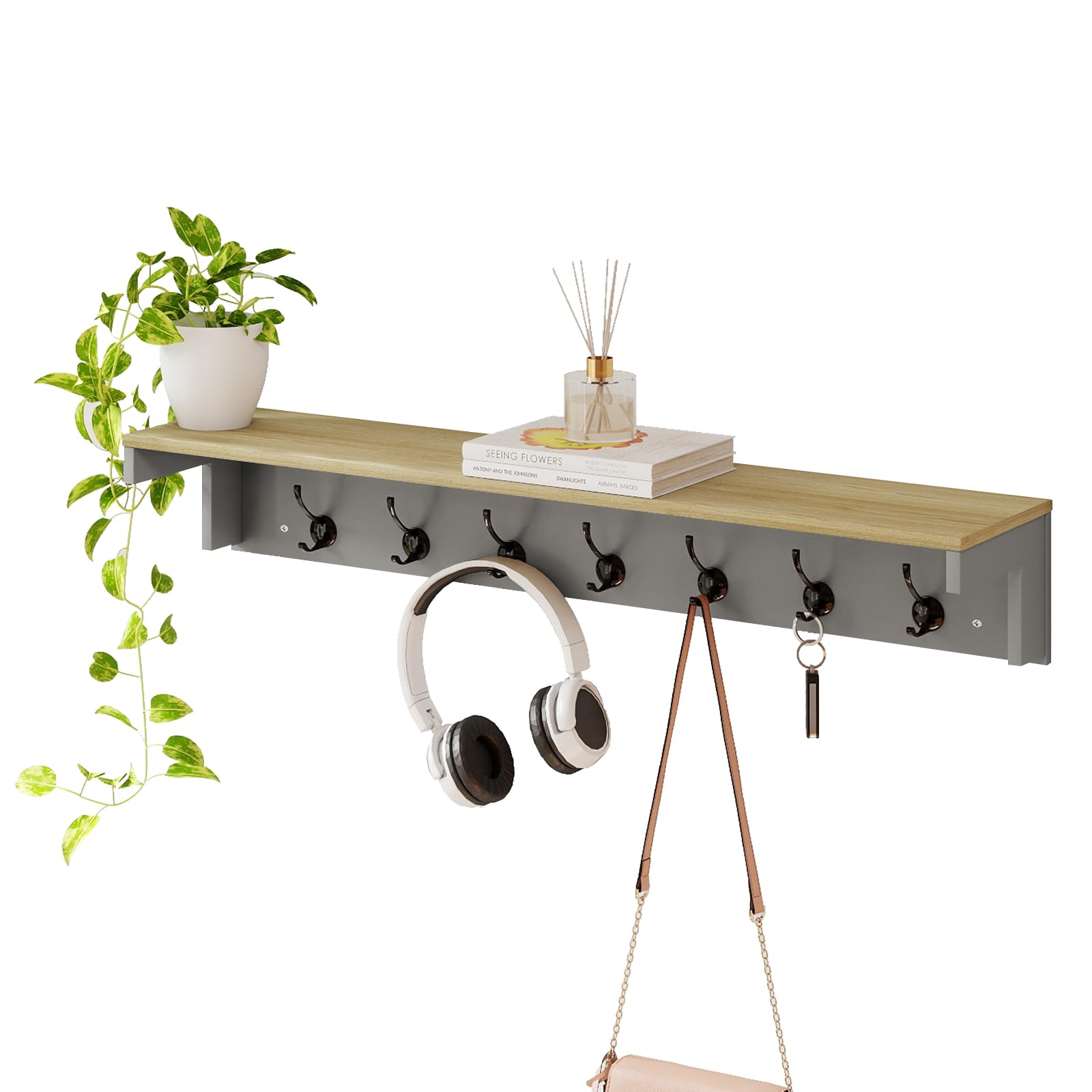 Levede Wall Mounted Coat Rack with Shelf, 7 Double Coat Hooks, 80cm Hallway Coat Hooks Wall Mounted, Coat Rack with Shelf for Entryway, Hallway, Bedroom, Grey & Oak