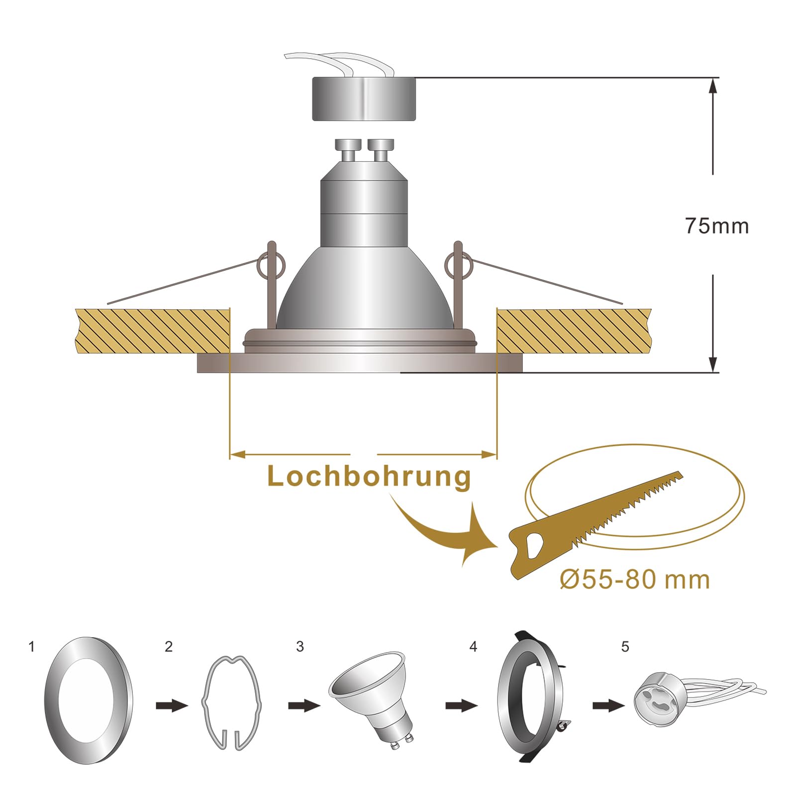 HiBay Spot LED Encastrable Salle de Bain GU10,10x 5W Blanc Neutre 4500K Trou 60-68mm,Plafonnier Encastré COB Inox 220V,Avec 4 Cadre Spot encastrable,Ampoules douille gu10