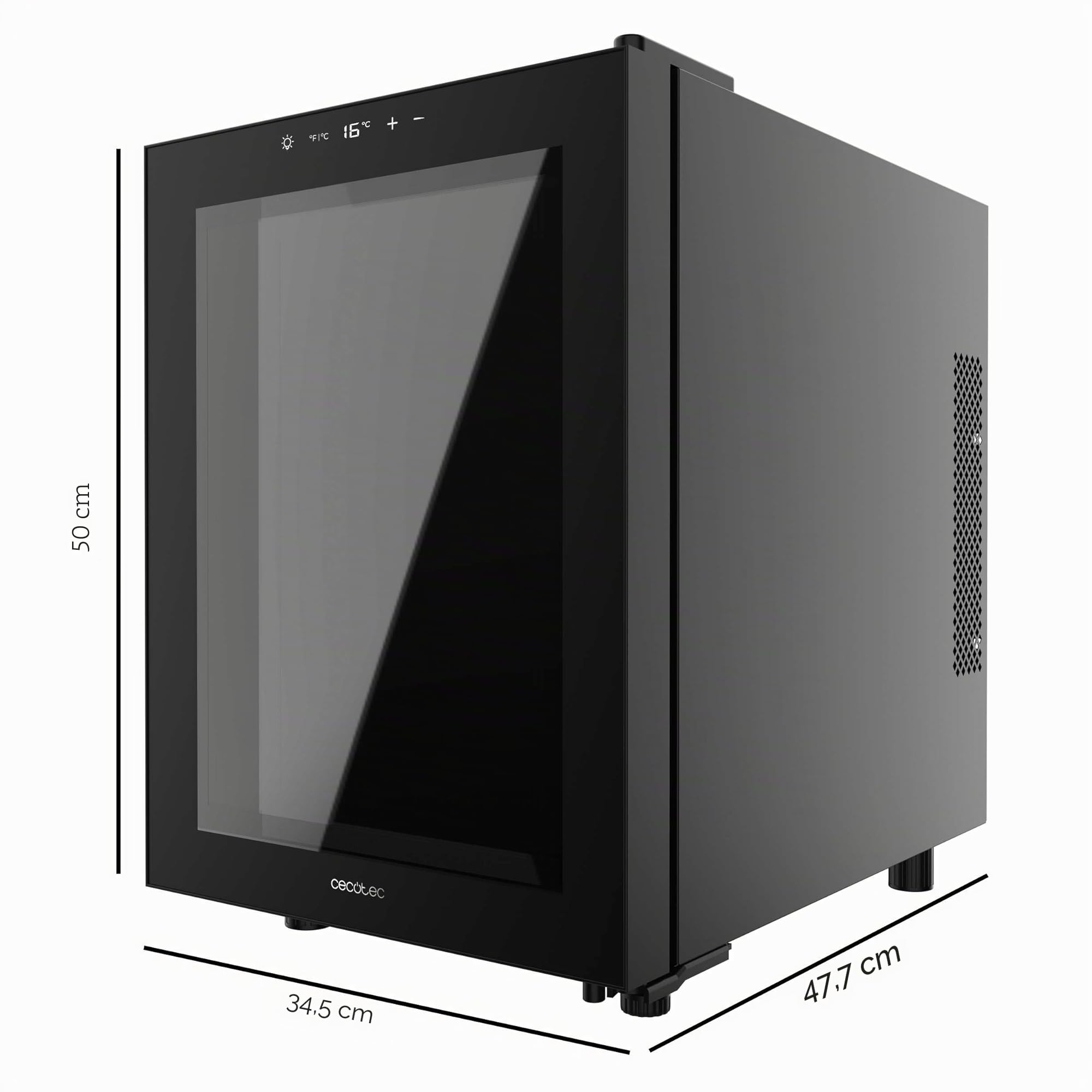Cecotec Cantina per vino Bolero GrandSommelier 1255 CoolCrystal E, Capacità 12 Bottiglie, Ripiani in metallo, Controllo Touch, Temperatura 8-18ºC, Nero
